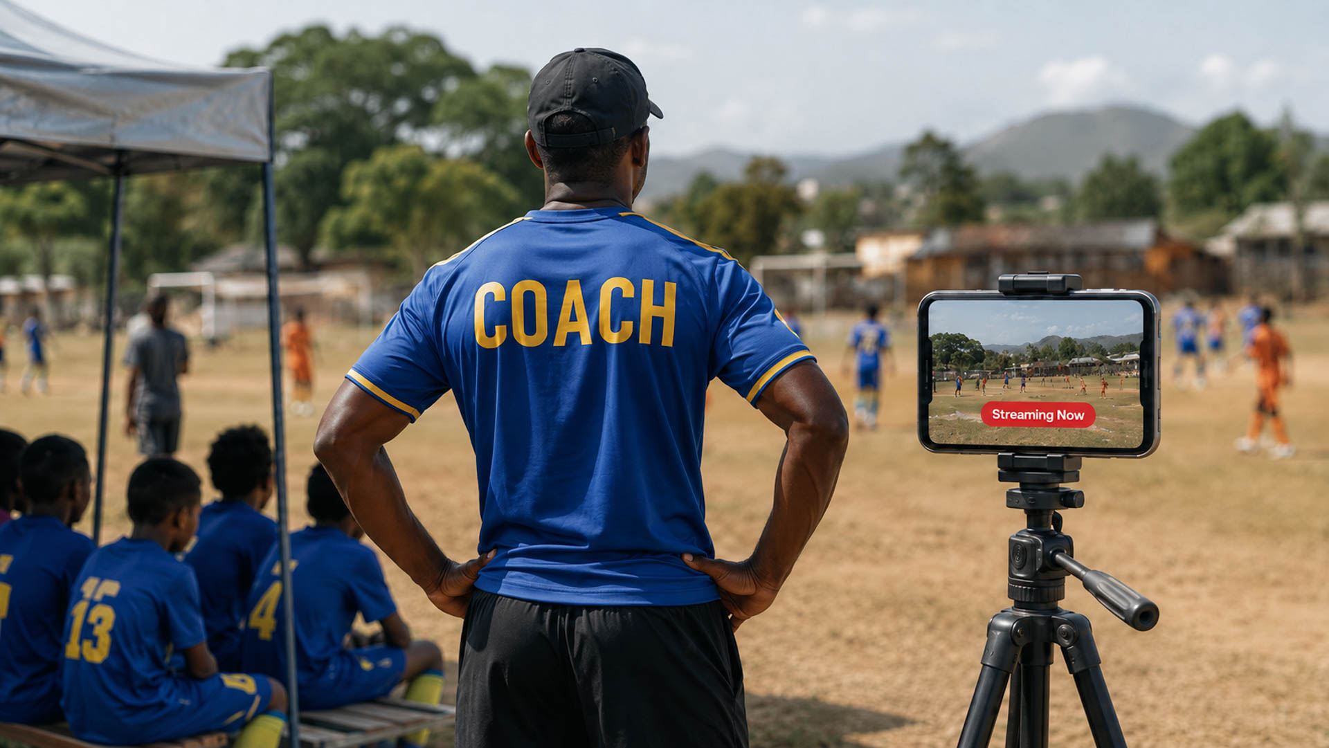 A youth sports coach with their team