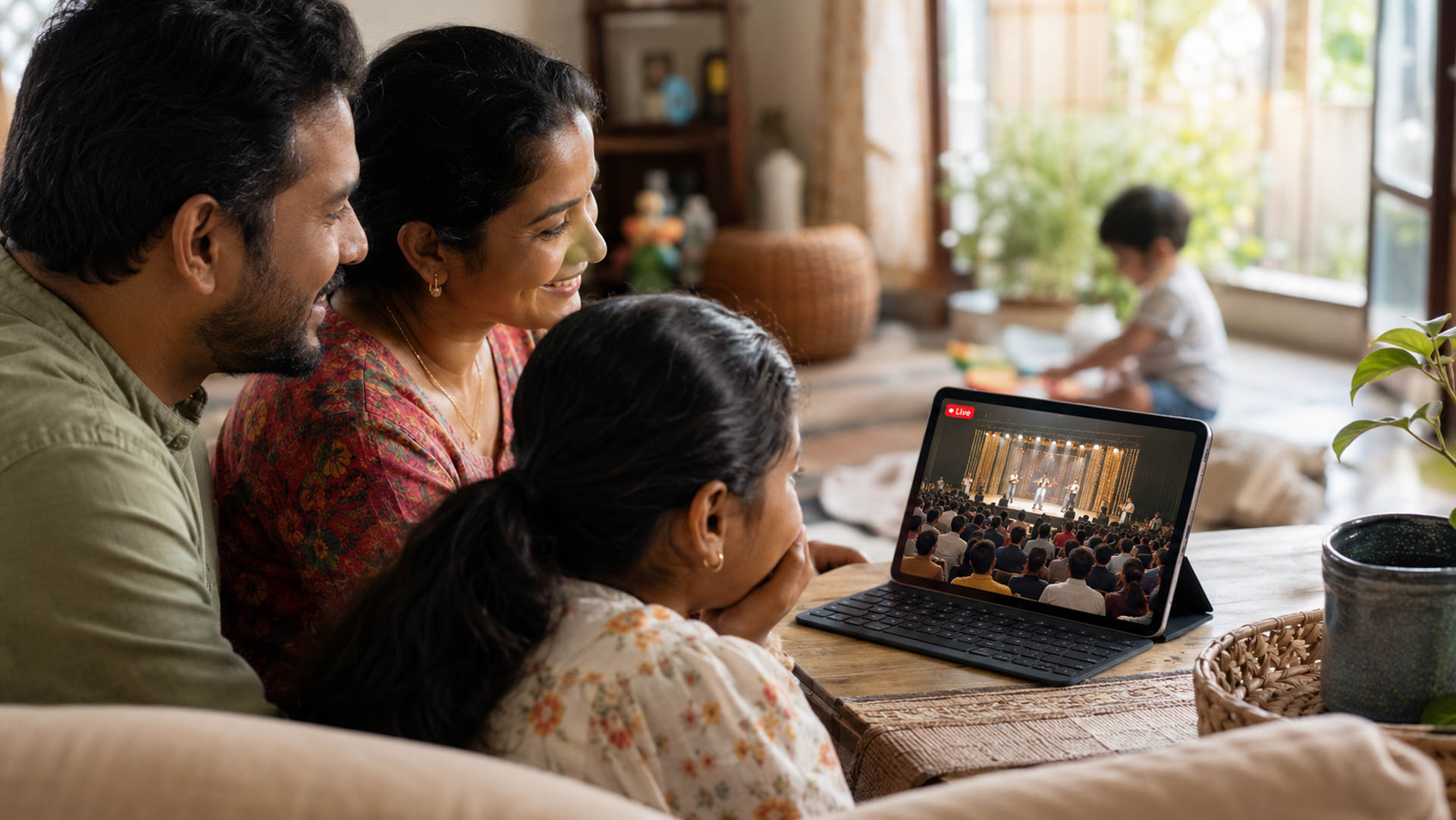 A family watching a livestream of an event back home